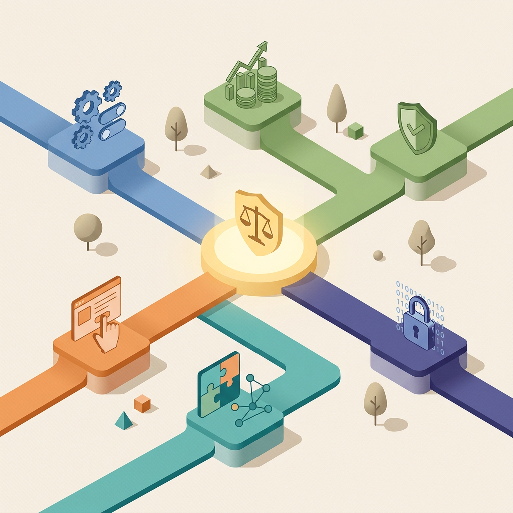 Central scales shield connecting technology, growth, security, access, and collaboration pathways