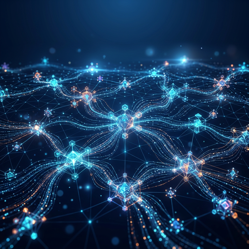 Interconnected software platforms with glowing data paths