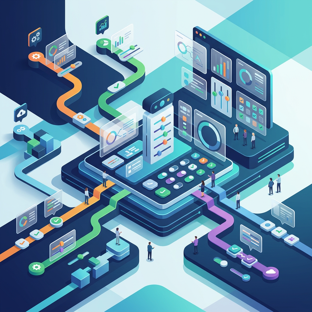 Isometric illustration of connected analytics dashboards, workflows, and business teams