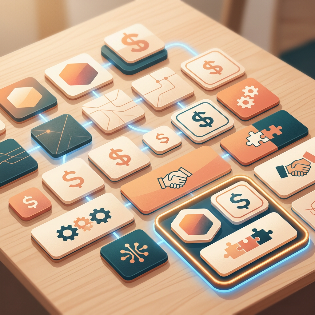Connected tiles displaying money, partnerships, technology, and business symbols