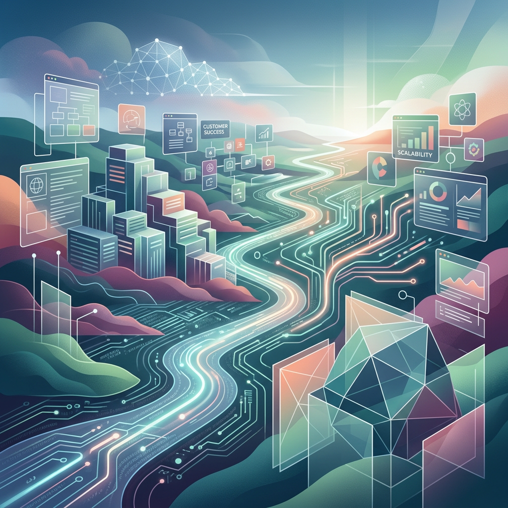 Futuristic data pathway connecting business analytics and scalability dashboards